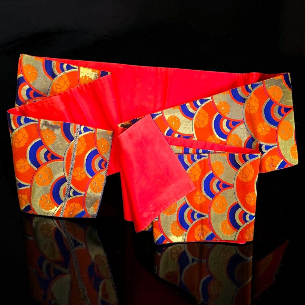Vintage Japanese Silk Brocade Fukuro Obi Gold Orange Cobalt Blue 13 Wall Textile